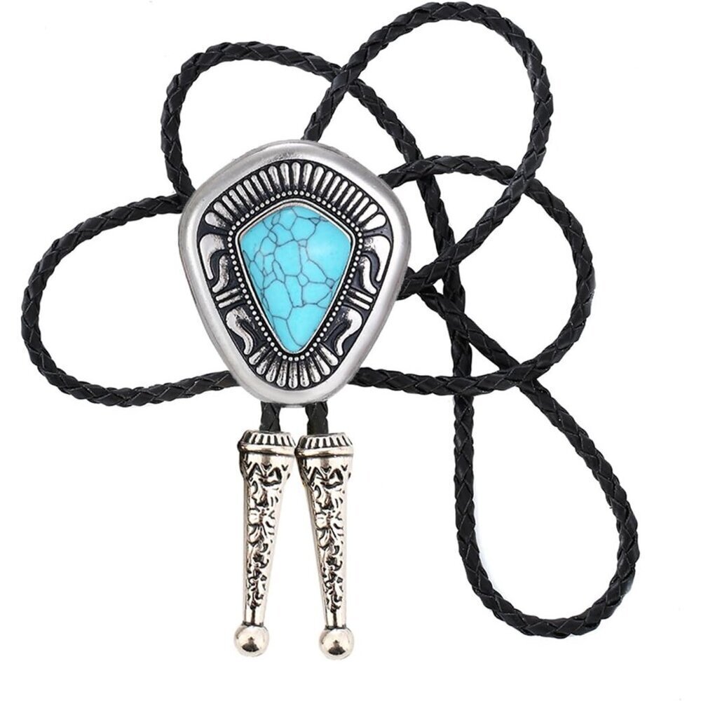 Turquoise Leather Bolo Tie Men Women Western Cowboy Adjustable Pendant